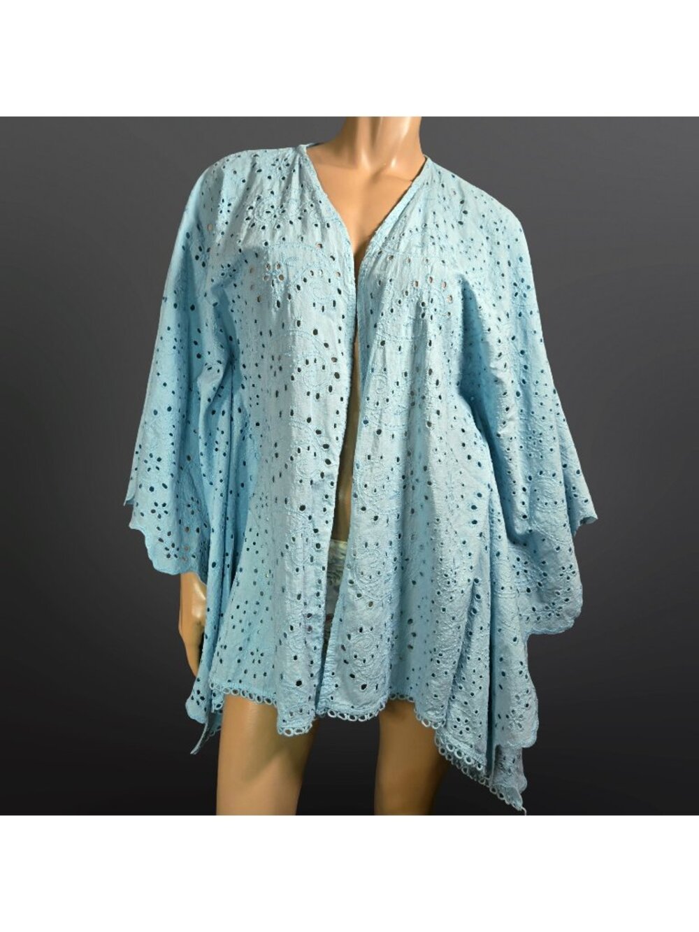 Vintage Turquoise Blue Eyelet Kimono Open Cardigan Cotton Wrap Made In Italy